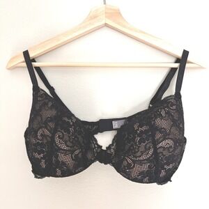 Victoria Secret Black Lace Demi Bra 38D IPEX Padded Underwire Floral Underwear